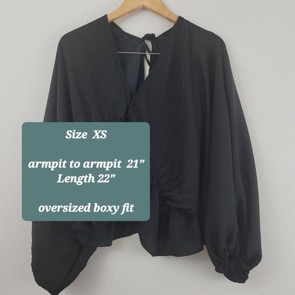 Free People Elouise Black Satin Long Sleeve Blouse Oversized Boho V-Neck Top XS - Picture 6 of 13